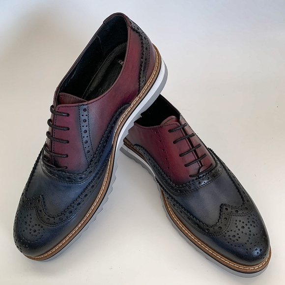 Burgundy-Navy Blue Wingtip Oxford Leather Dress Shoes